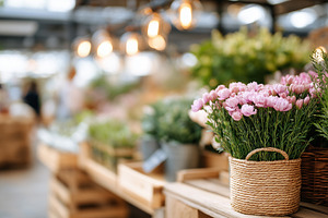 Pink flowers in a woven basket on, a Nature Photo by MistyDay