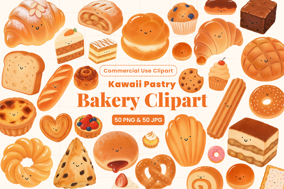 50 Kawaii Bakery Pastry Clipart, a Food Illustration by Luxe (Photo 1 of 4)