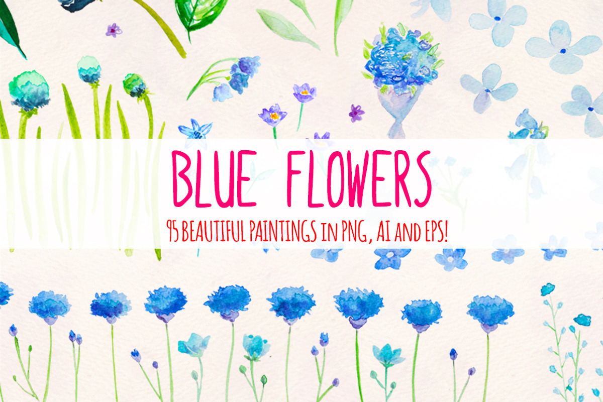 95 Blue Flower Watercolor Bundle, a Seasonal Illustration by Violet LeBeaux (Photo 1 of 3)