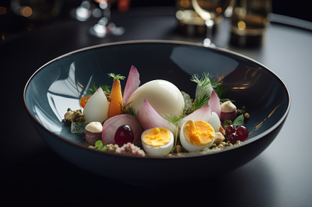 Salad with quail eggs and radish on, a Photo by Iftikhar Alam