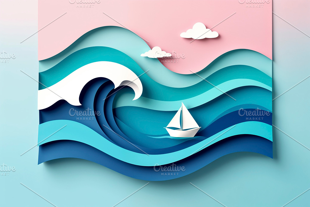 sailboat on stylized ocean waves, an Illustration by rarrarorro