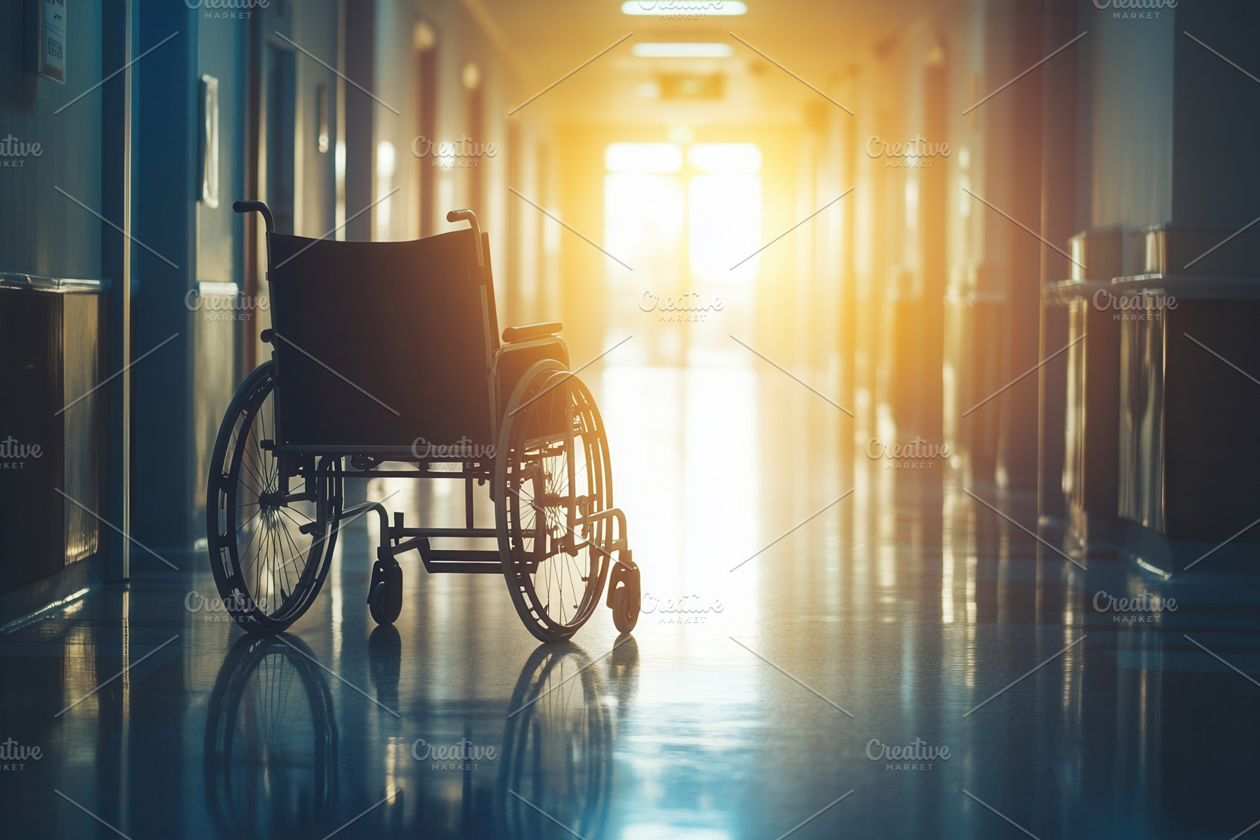 Hospital corridor with a wheelchair, a Photo by Pavel_design