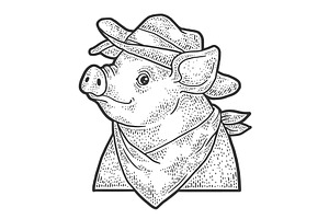 Cartoon Cowboy Piggy Sketch Vector