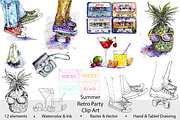 Summer Retro Party Clip Art, an Education Illustration by Watercolor_Vector Graphic (Thumbnail 1 of 14)