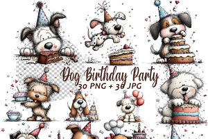 30 whimsical dog birthday clipart, an Illustration by one-touch