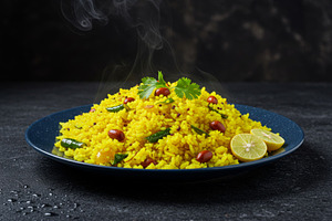Hot yellow poha garnished with peanu, a Food & Drink Photo by professorinc
