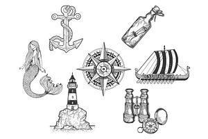 Sea set sketch vector illustration, an Object Illustration by AlexArt