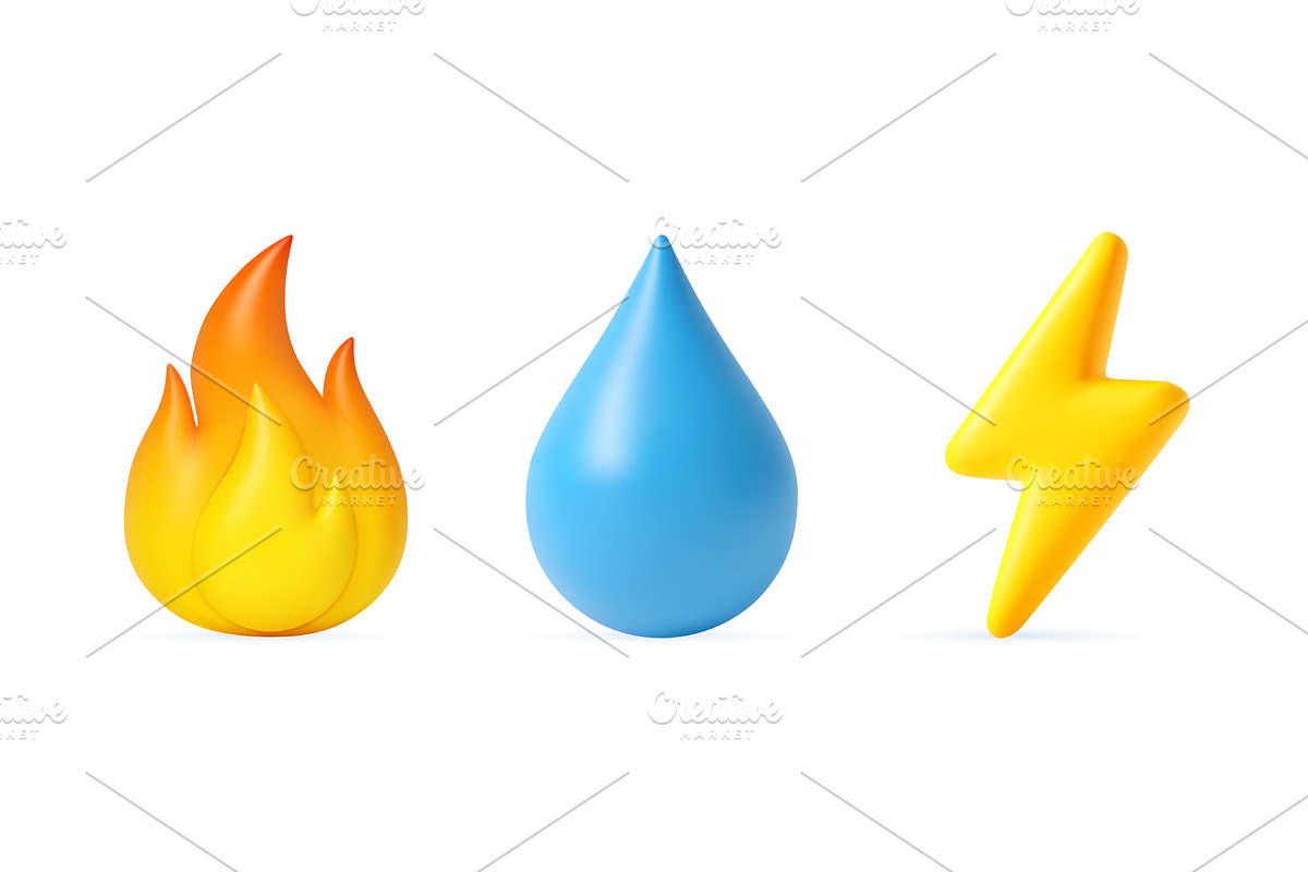 3D icons of fire, water drop, and, an Object Illustration by ModVector