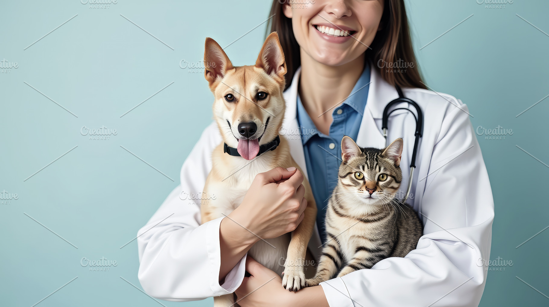 Smiling veterinarian with dog and ca, an Animal Photo by Perpis