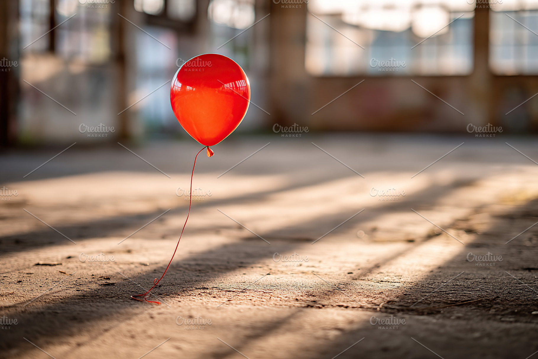 Red helium balloon floats gently in an abandoned building during golden hour, a Photo by AlyaAnd