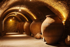 Ancient wine cellar with large clay amphorae, a Food & Drink Photo by Photostock