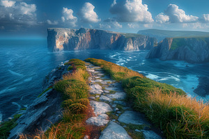 Dramatic coastal cliffs with stone path leading to ocean under v, a Nature Photo by José Manuel Gelpi
