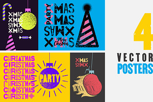 Xmas Party grunge vector poster set., a Seasonal Illustration by PoPaShop