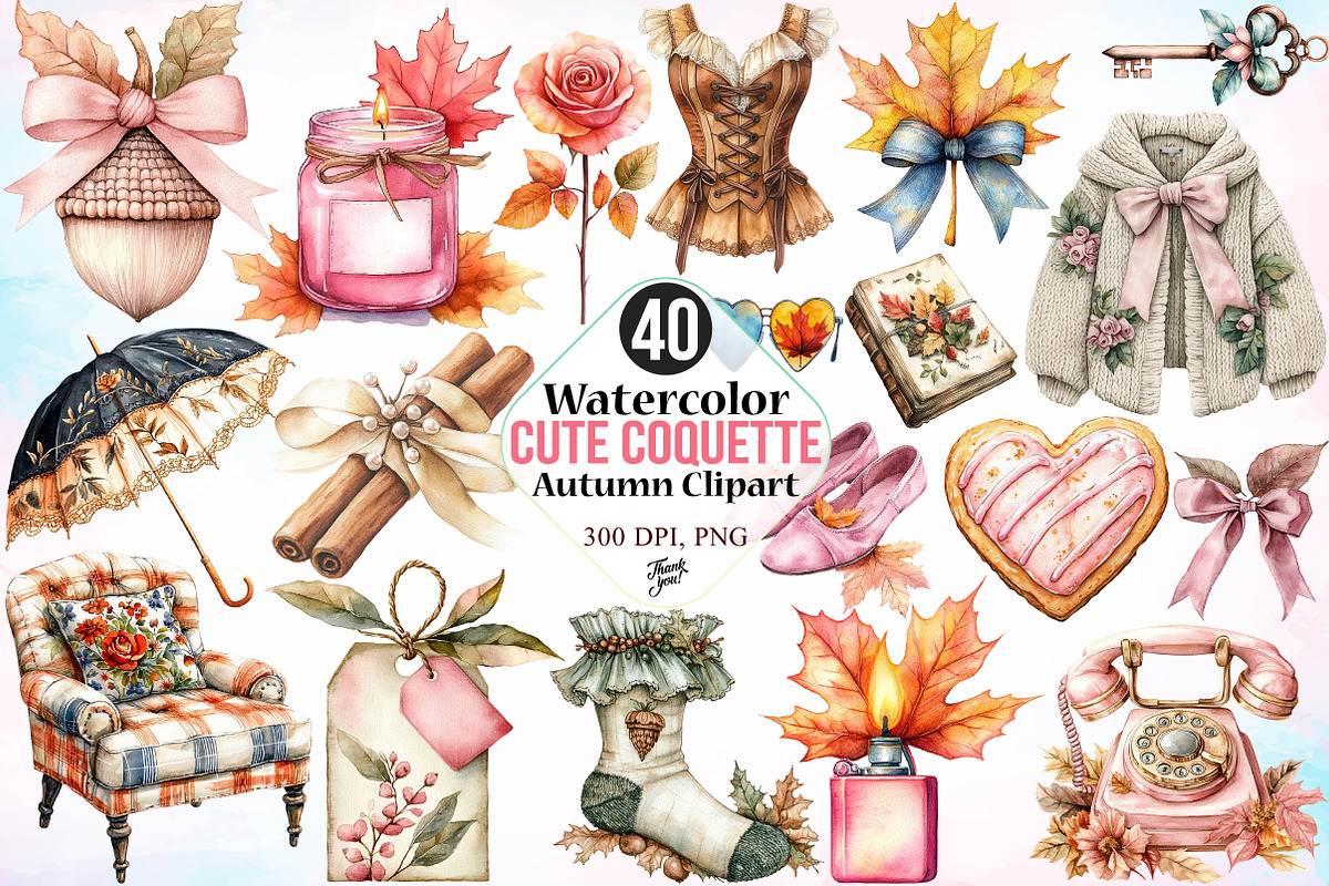 Watercolor Cute Coquette Autumn PNG, a Seasonal Illustration by Canvas Craft (Photo 1 of 4)