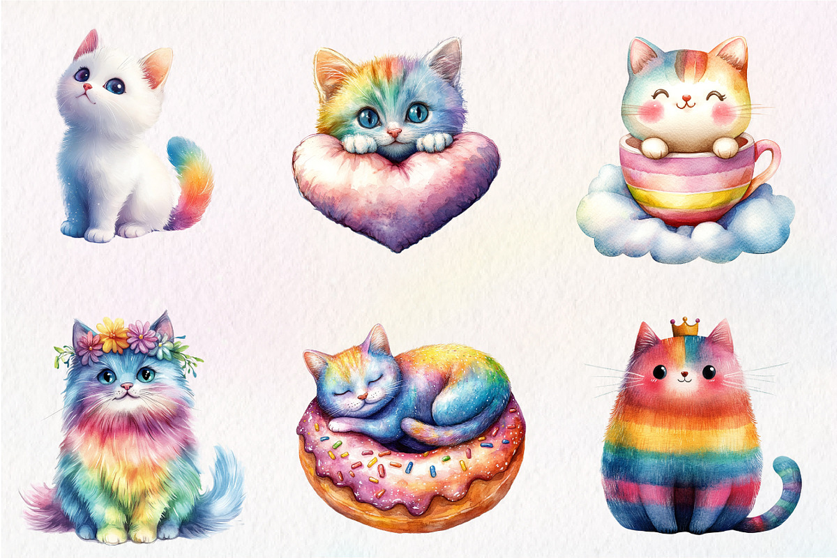 Adorable Rainbow Cute Cat Clipart, an Illustration by CreationArt (Photo 8 of 9)