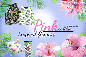 Watercolor pink tropical flowers.