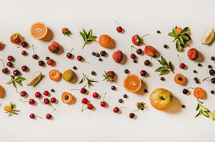 Flatlay of various summer fruits stock photo containing food and layout, a Food & Drink Photo by Foxys
