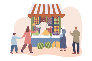 People buy fruits and vegetables, a Food Illustration by Valerie Bodnar