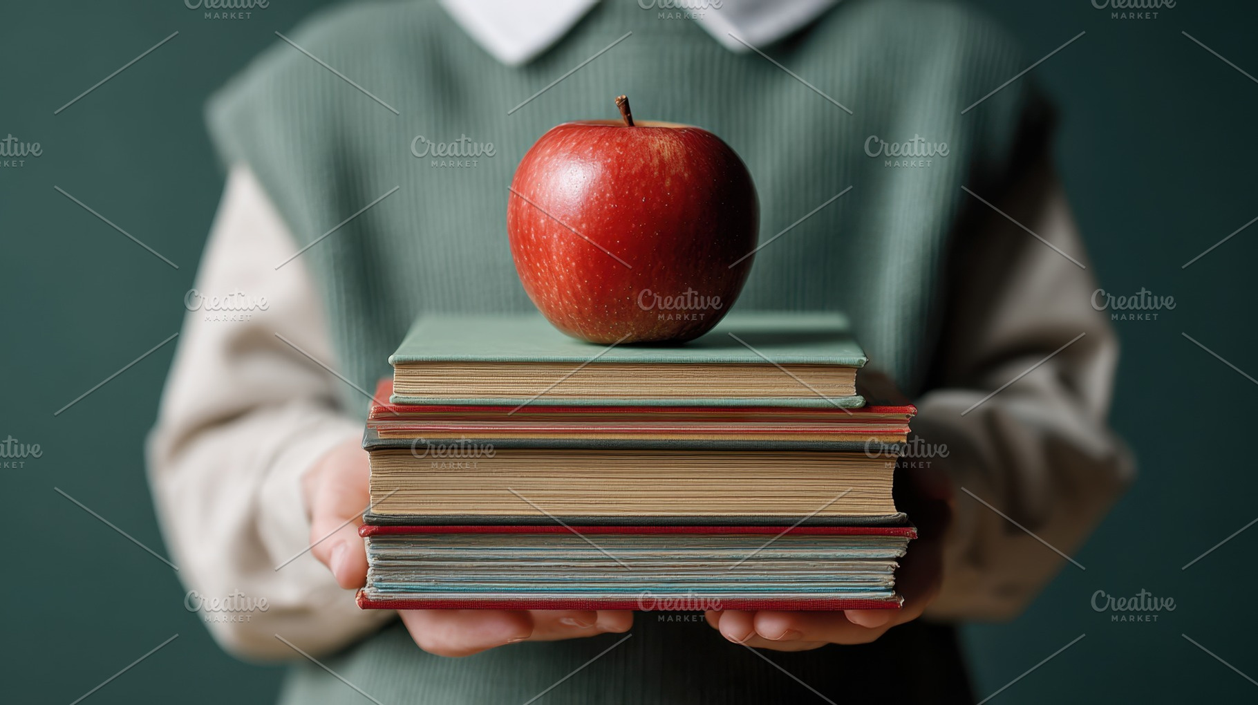 Student holds books and an apple, a Photo by Beautiful things