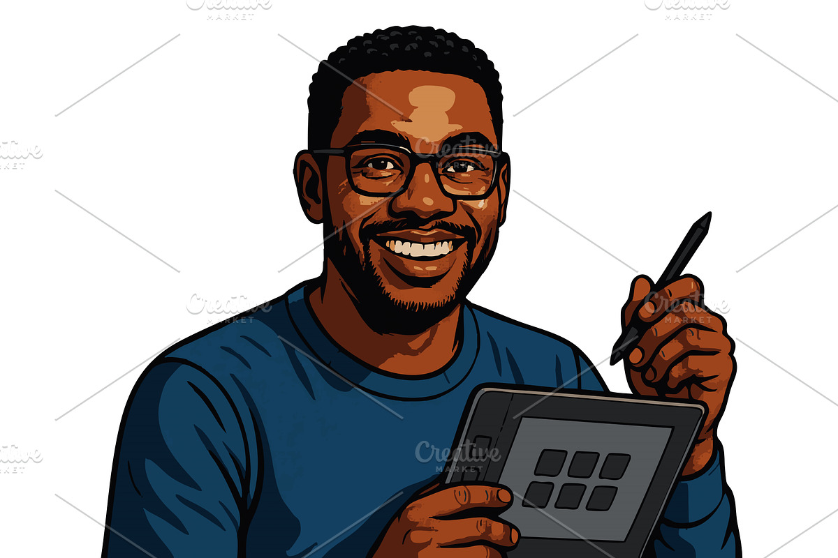 Smiling digital artist holding, a Person Illustration by AlexArt