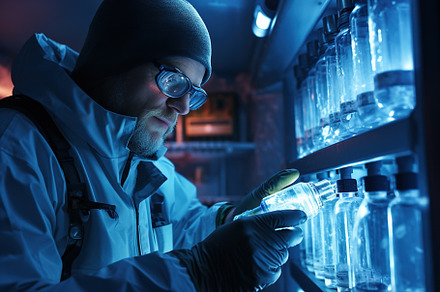 Medical worker puts test tube with e, a Photo by Lopatin Photo
