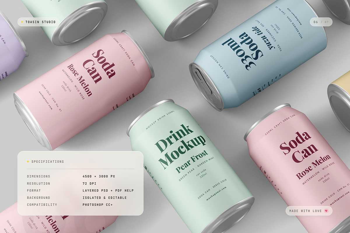 330ml Soda Can Mockup, a Packaging Mockup by Toasin Studio (Photo 6 of 7)