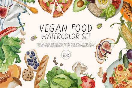 VEGAN FOOD watercolor set, a Food Illustration by Yuliia Lashevska