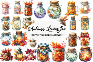 Watercolor Autumn Leaves Jar Clipart, an Illustration by Daily.Designs