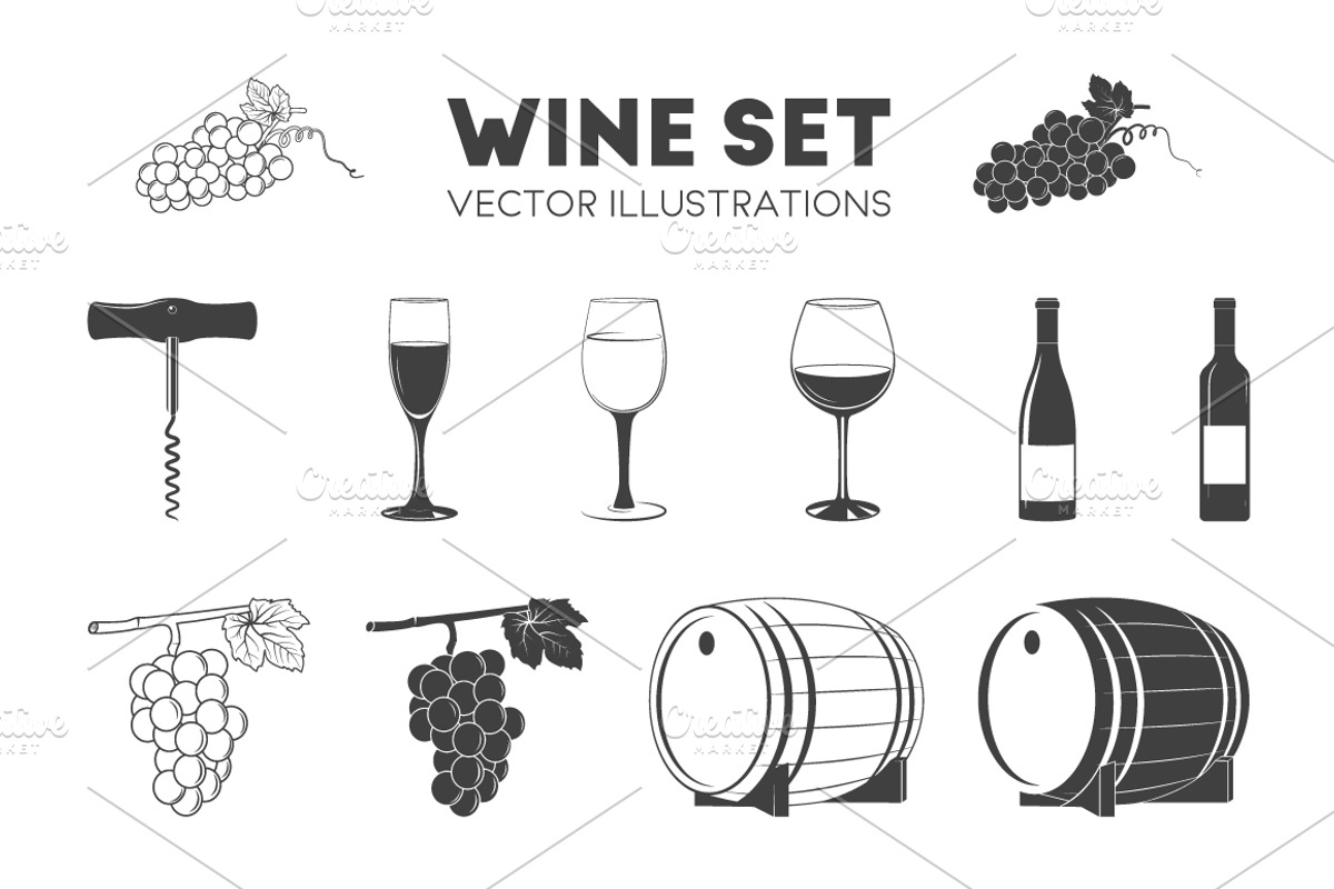 Wine Set. Monochrome Icons, Elements, a Food Illustration by Gomolach (Photo 1 of 13)