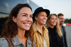 A group of four friends, three women and one man, enjoying a joyful moment duri, a Business Photo by ImageMir