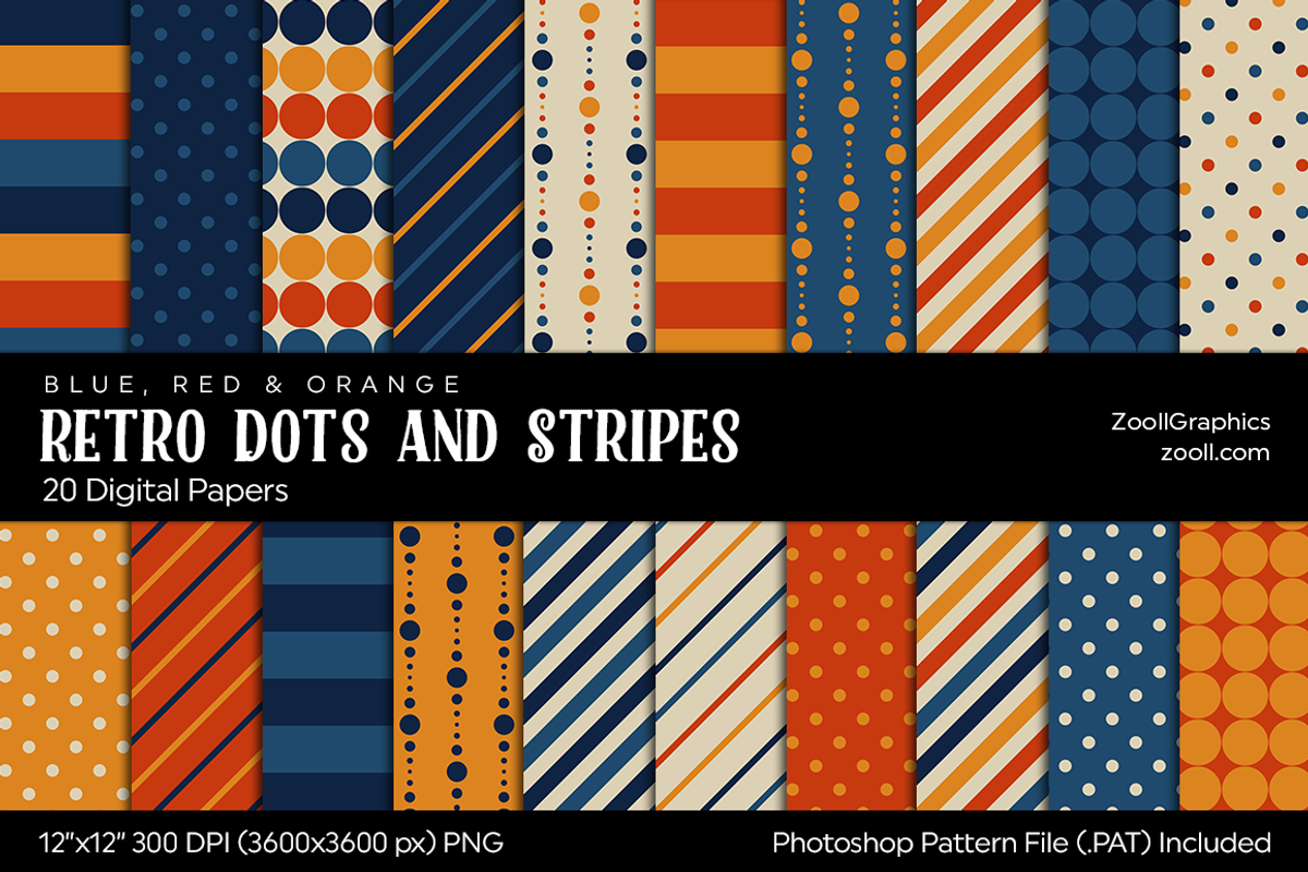 Retro Dots & Stripes Digital Papers, a Pattern Graphic by ZoollGraphics