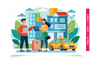 A man and woman stand outside a city, an Illustration by Tanuart