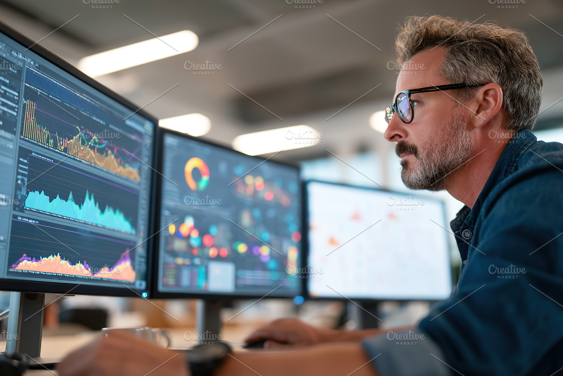 Man analyzes financial charts on multiple computer screens in a modern office e, a Business Photo by AlyaAnd