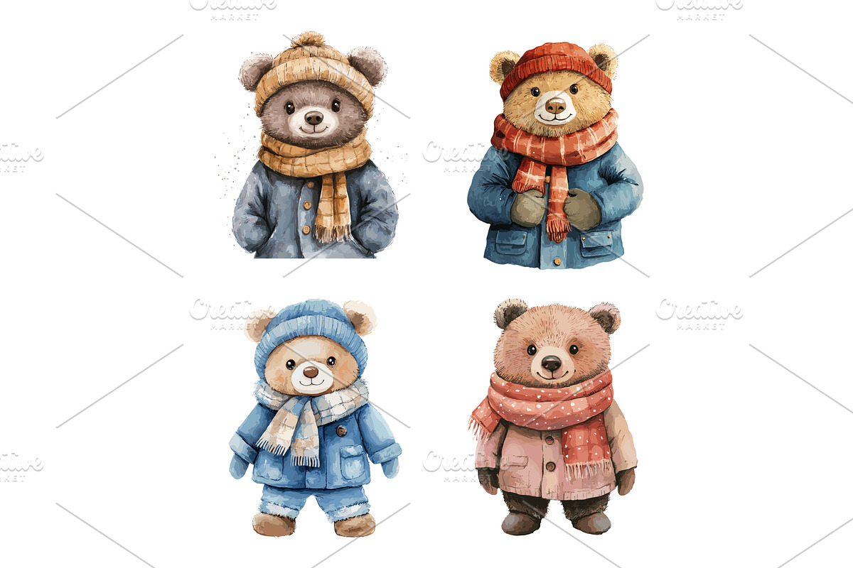 Watercolor bears in winter clothes, an Object Illustration by Stock-Smart-Start