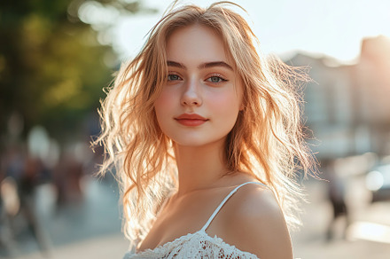 Woman enjoying a sunny day in a light summer outfit outdoors, a Person Photo by AlyaAnd
