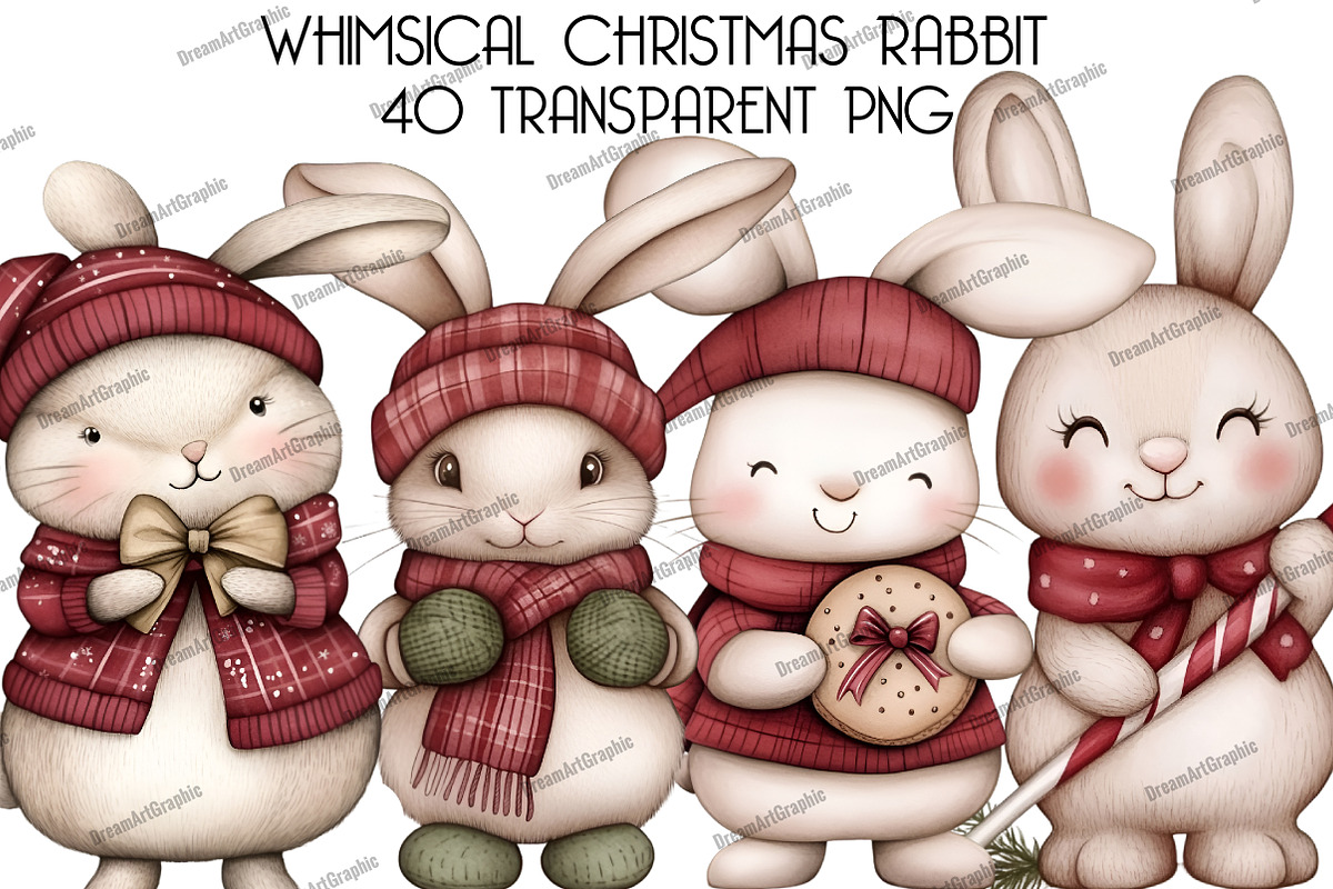 Whimsical Christmas Rabbit Clipart, an Illustration by DreamArtGraphic (Photo 1 of 5)