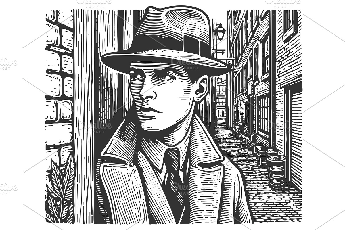 detective in trench coat in alleyway, a Person Illustration by AlexArt