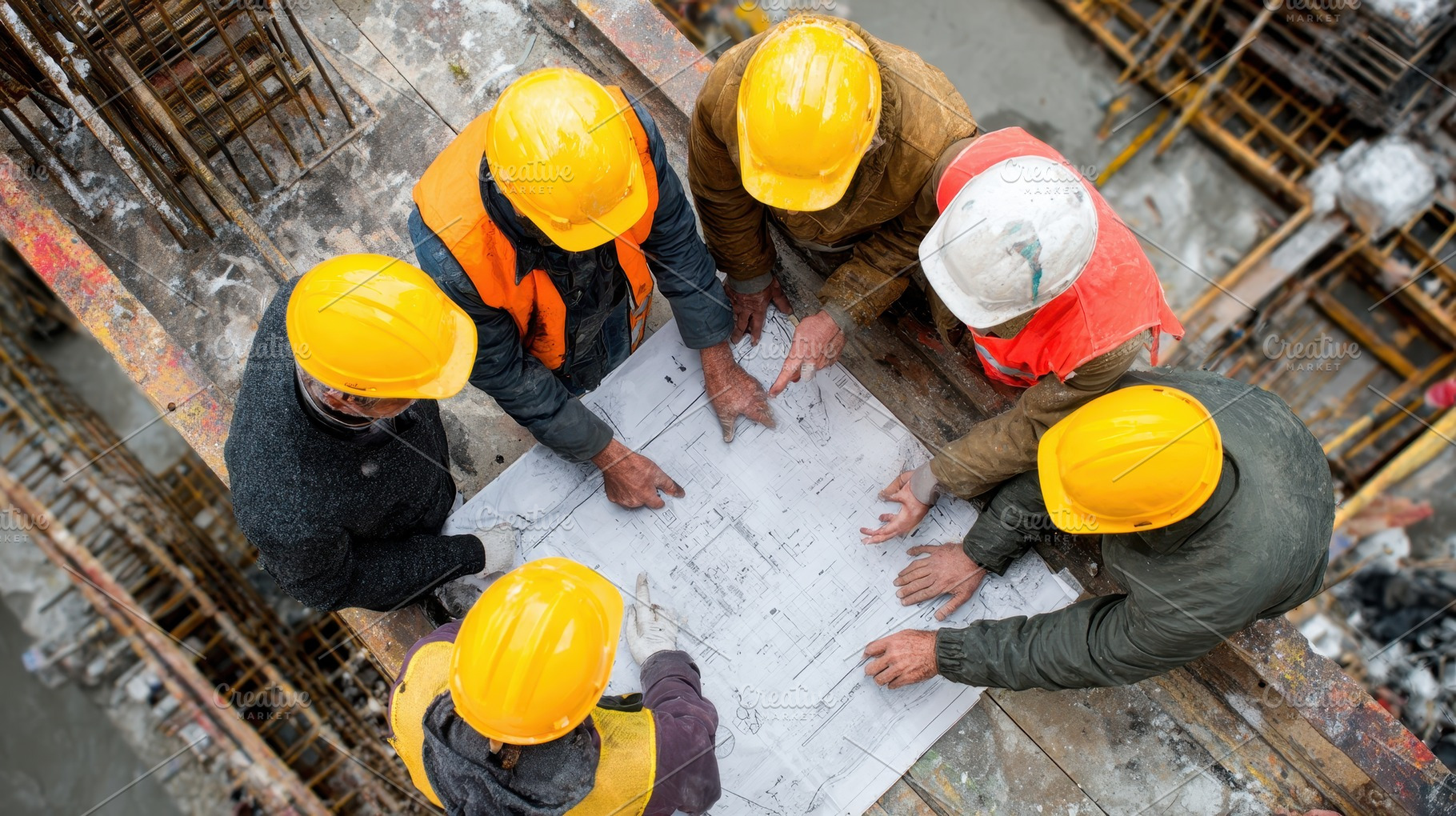 Construction workers reviewing bluep, a Photo by Pixeness Studio