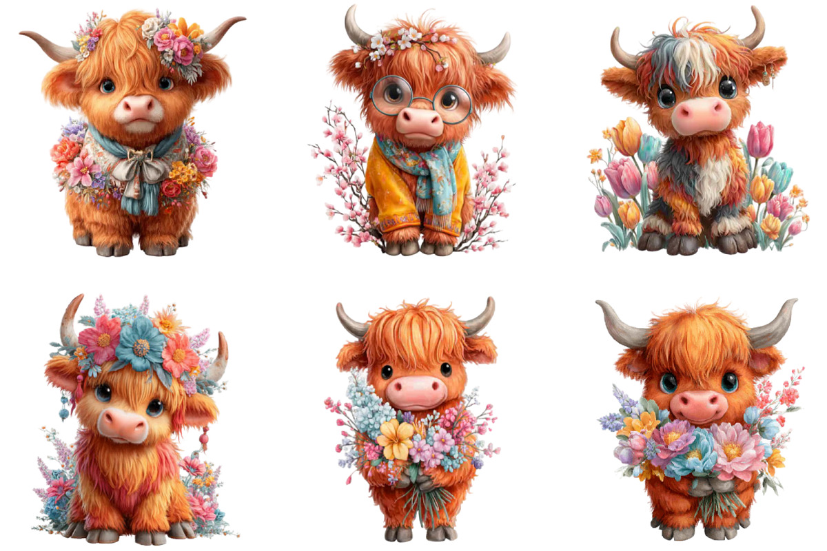 Watercolor Spring Highland Cow Clipa, an Illustration by CraftArtStudio (Photo 5 of 6)