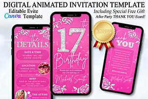 Editable Pink 17th BD Evite Template, an Invitation Template by V Design Creator