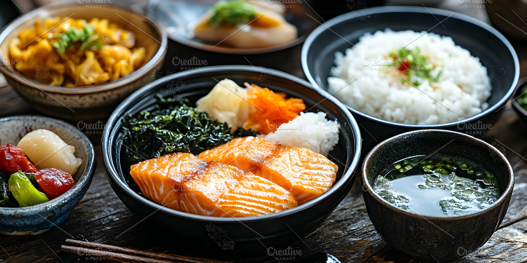 Japanese salmon meal set, a Food & Drink Photo by Photostock