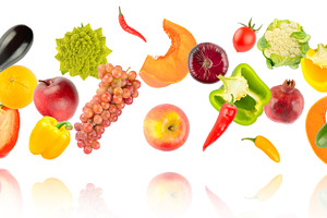 Falling colorful vegetables and fruits with light reflection iso, a Food & Drink Photo by Serg64