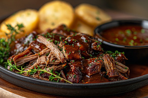 A rich, savory plate of shredded beef in barbecue sauce, accompa, a Food & Drink Photo by ImageMir