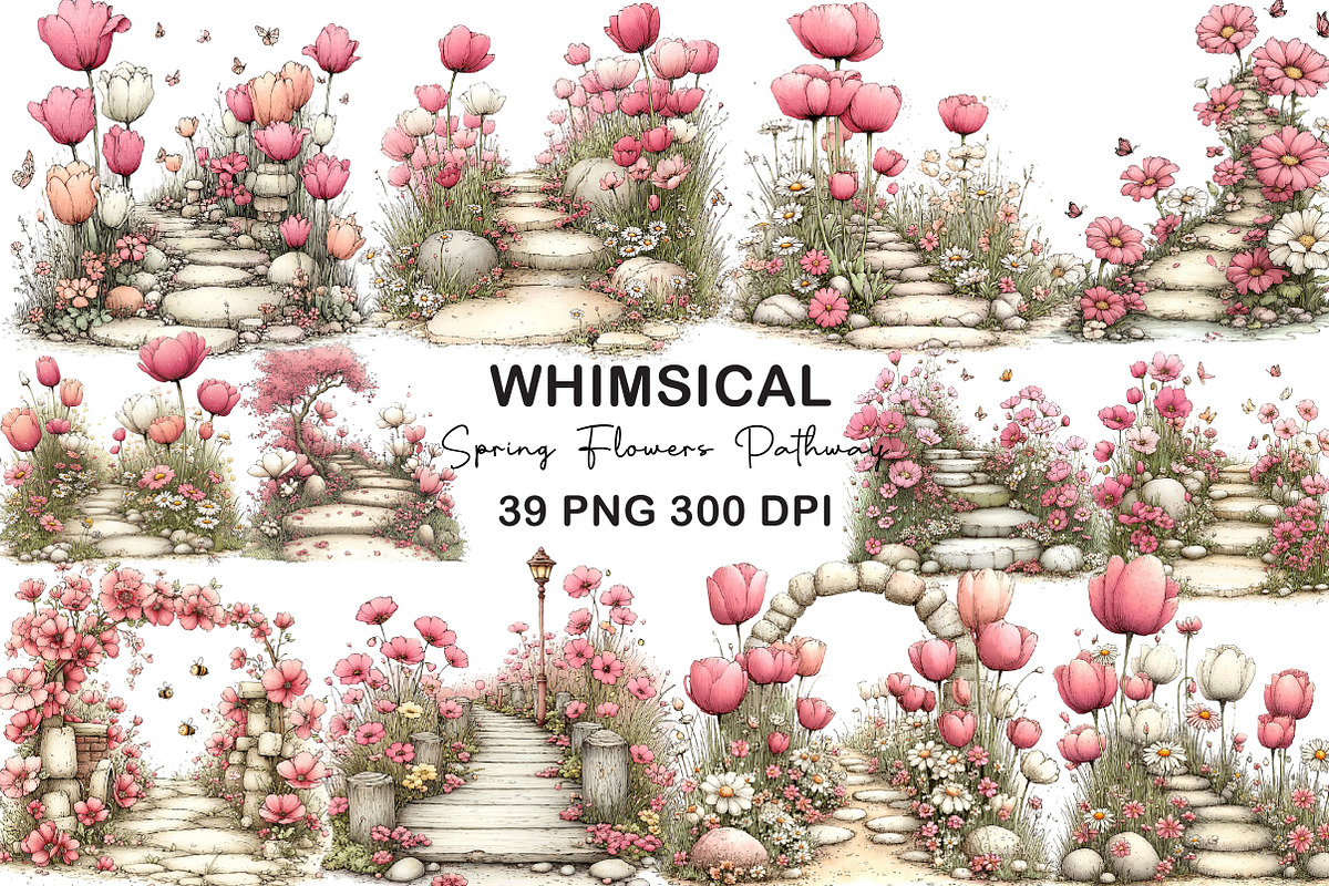 Whimsical Spring Flowers Pathway PNG, an Illustration by CraftArtStudio (Photo 1 of 6)