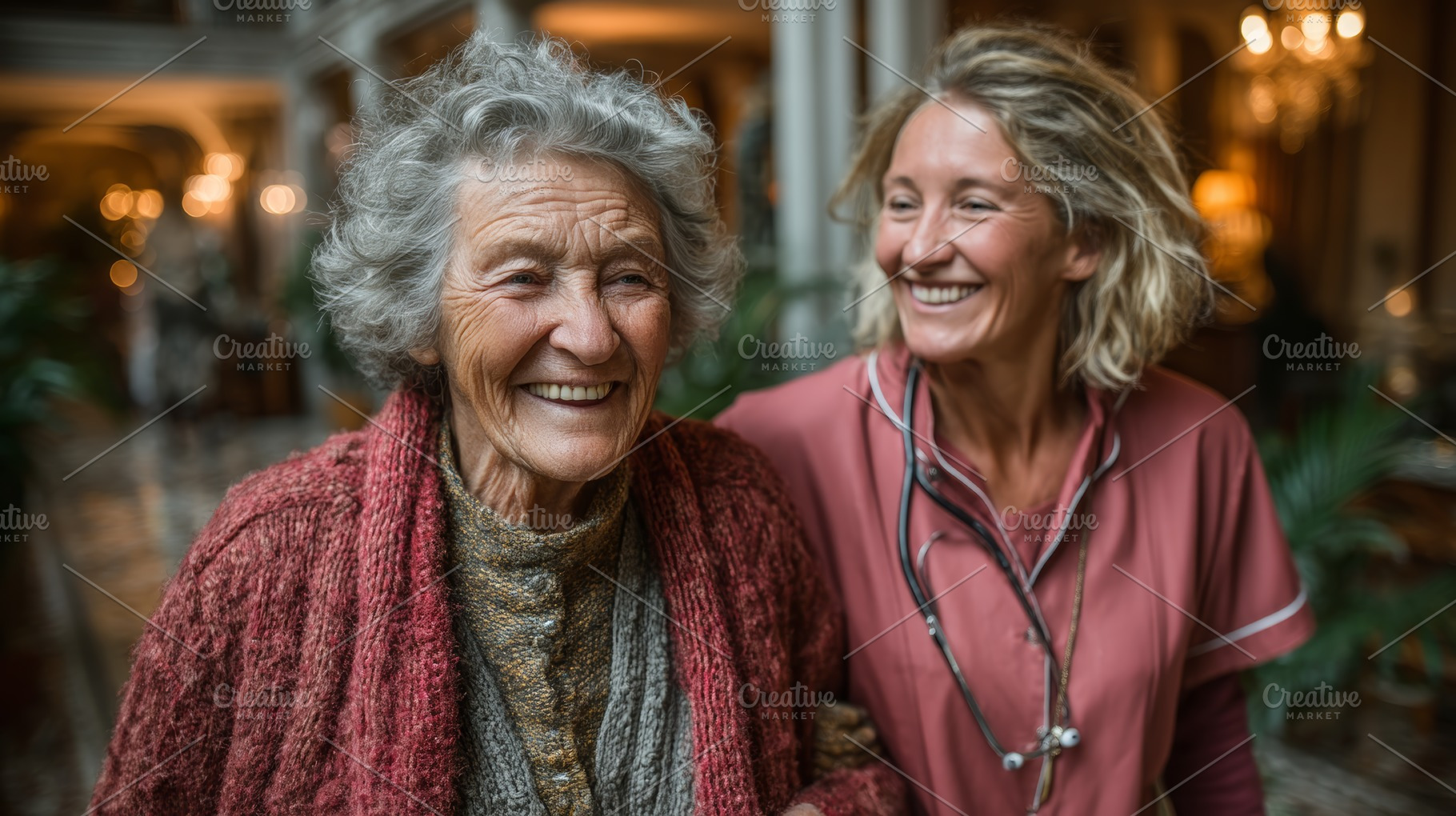 Senior woman assisted by cheerful caregiver in elegant indoor setting, a Health & Medical Photo by AS photostudio