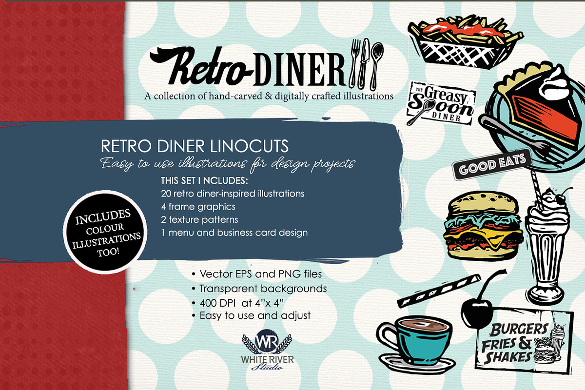 Retro Diner Linocuts, an Illustration by WhiteRiverStudio (Photo 2 of 11)