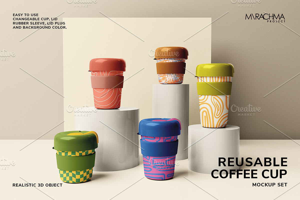 Reusable Coffee Cup Mockup Set, a Cups & Container Mockup by Mirachma Project (Photo 1 of 8)