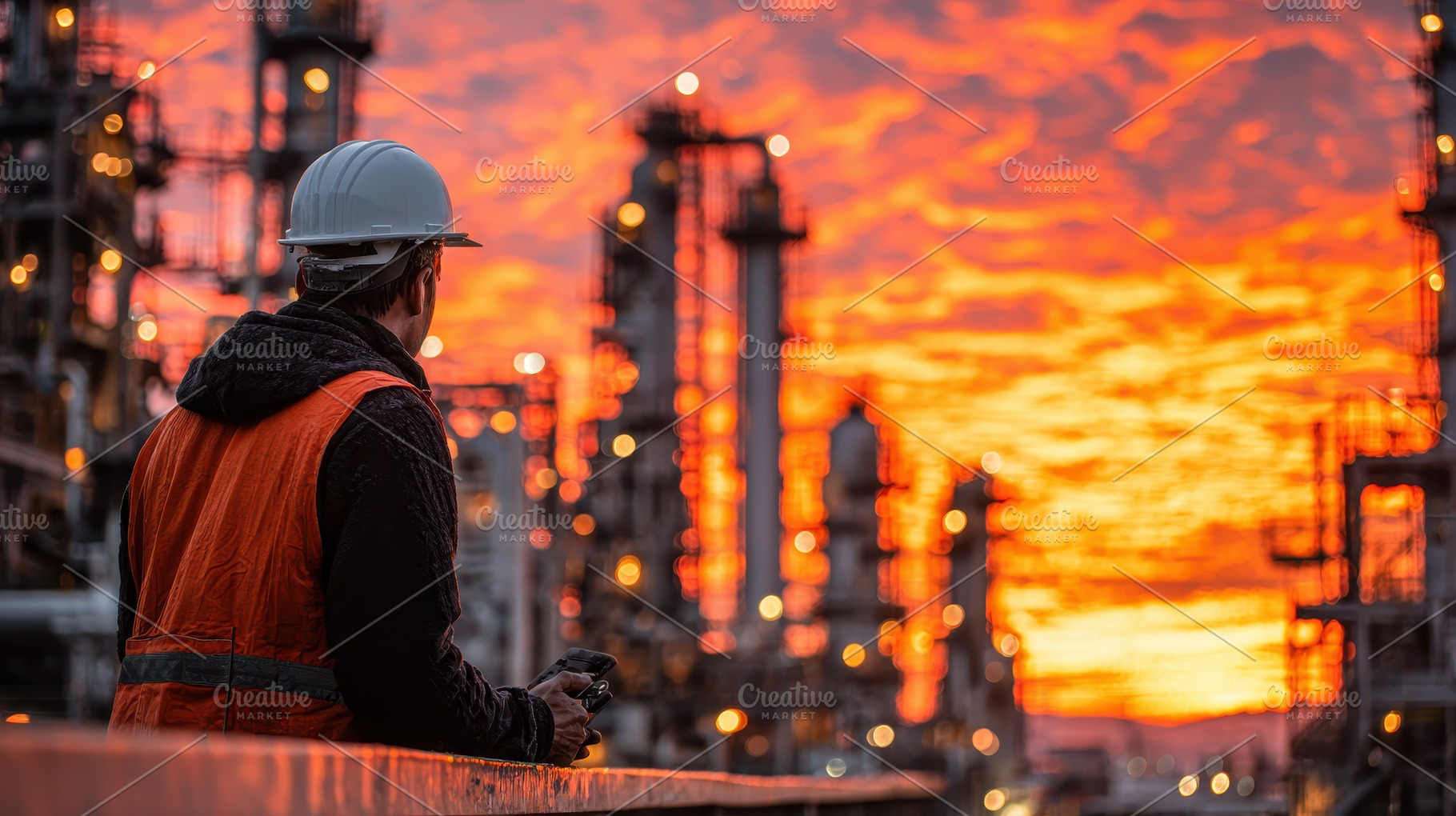 Refinery worker sunset view industri, a Photo by Pixeness Studio