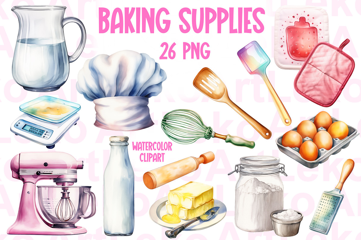 Baking Supplies Watercolor Clipart, a Food Illustration by LekoArt (Photo 1 of 6)
