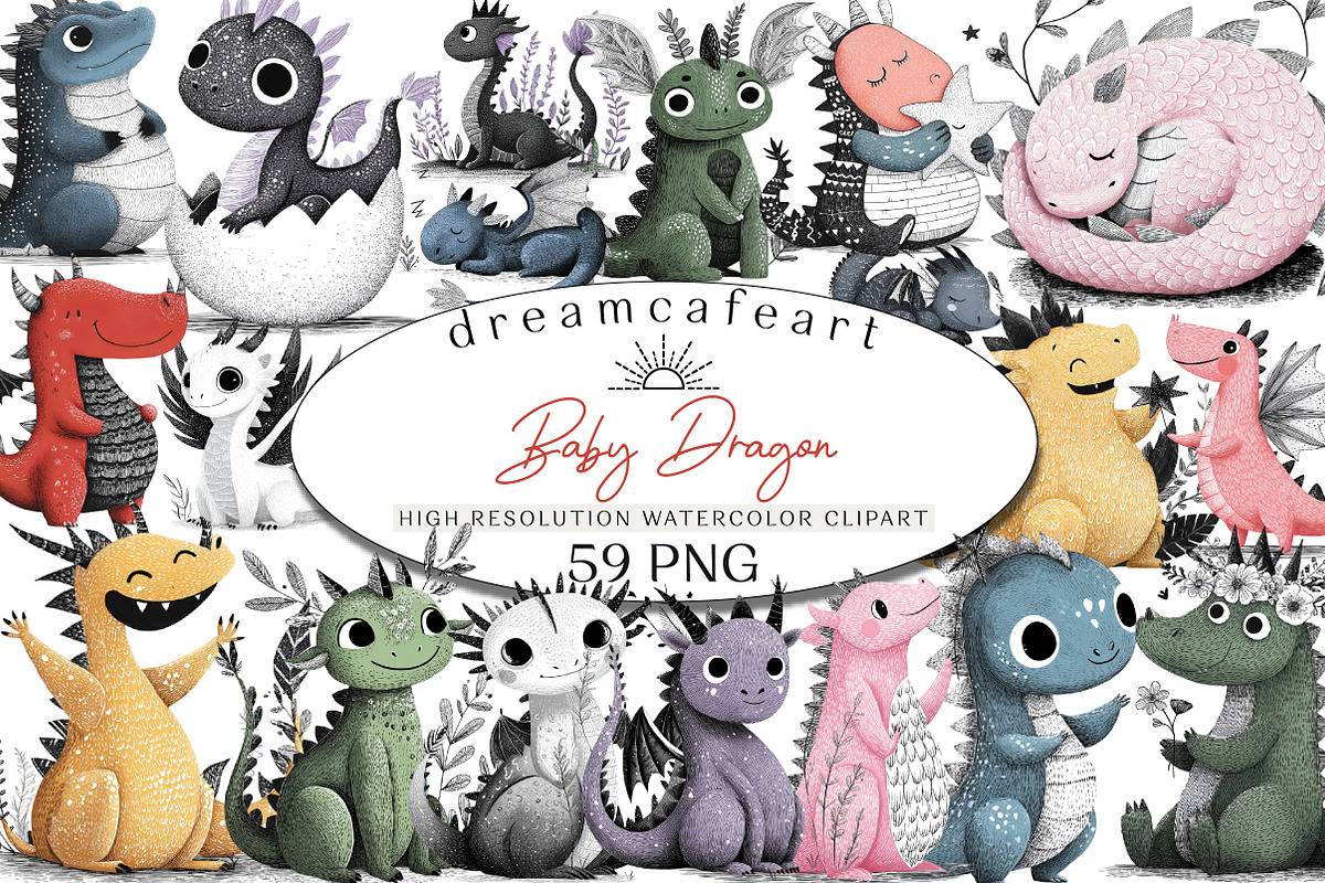 Baby Dragon Clipart Set, an Illustration by DreamCafeArt (Photo 1 of 8)